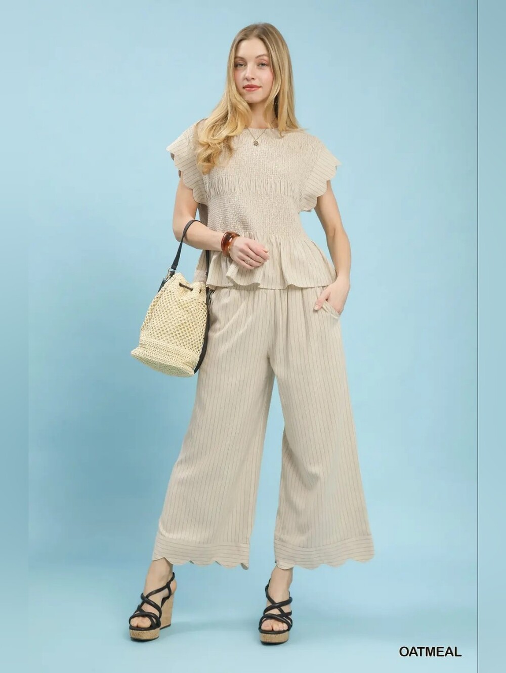 Umgee Pinstripe Wide Leg Pants- Beige HIT THE LIKE BUTTON FOR SALE PRICE - Picture 6 of 8